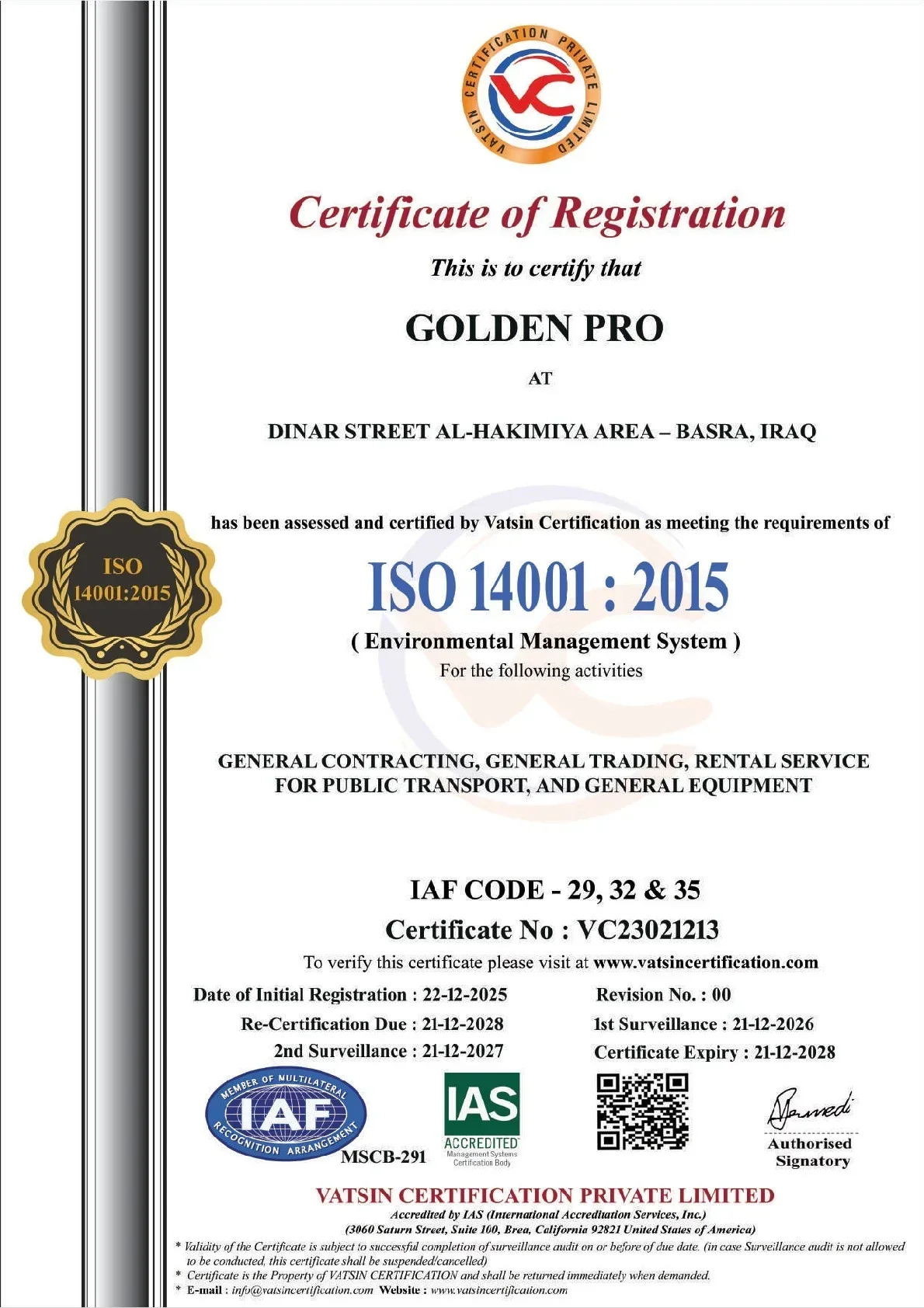 ISO 14001 Certificate